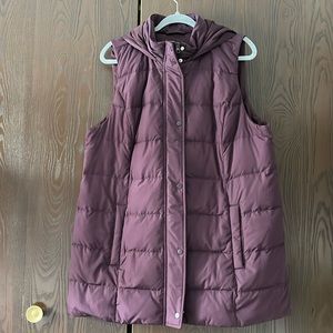 J Jill plum colored, hooded, down winter long vest. Size Large. Worn once.